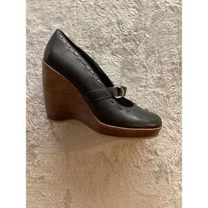on foot by Feet women's black leather wood wedge mary jane shoes size 8.5